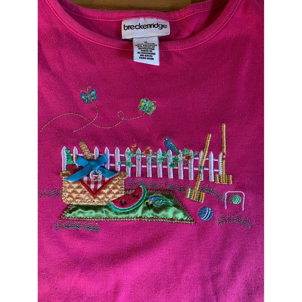 Breckenridge Pink Picnic Embroidered T-Shirt Womens Medium Vintage Retro Y2K 90s